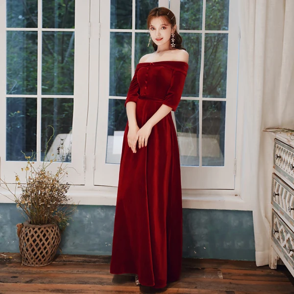 Elegante Burgunderrot Abendkleider 2020 A Linie Wildleder Off Shoulder 1/2 Ärmel Rückenfreies Lange Festliche Kleider