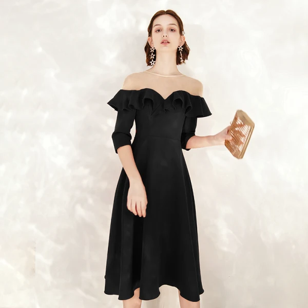 Chic / Belle Noire Robe De Soirée 2020 Princesse Daim Encolure Dégagée 1/2 Manches Mi-Longues Robe De Ceremonie