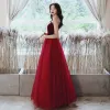 Chic / Beautiful Burgundy Prom Dresses 2020 A-Line / Princess Spaghetti Straps Suede Sleeveless Backless Sequins Floor-Length / Long Formal Dresses