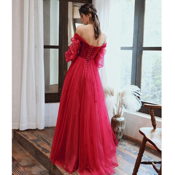 Charmant Bordeaux Robe De Soirée 2020 Princesse De l'épaule Perlage Paillettes En Dentelle Fleur 1/2 Manches Dos Nu Longue Robe De Ceremonie