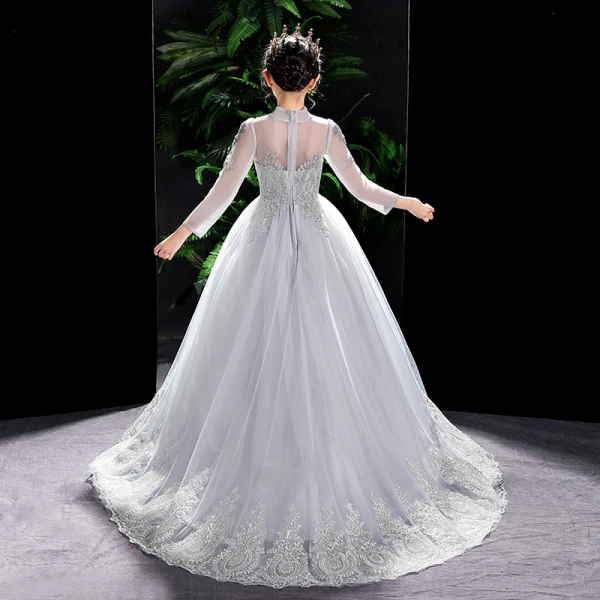 Elegant Grey Birthday Flower Girl Dresses 2021 A-Line / Princess High Neck Long Sleeve Beading Rhinestone Lace Flower Sweep Train