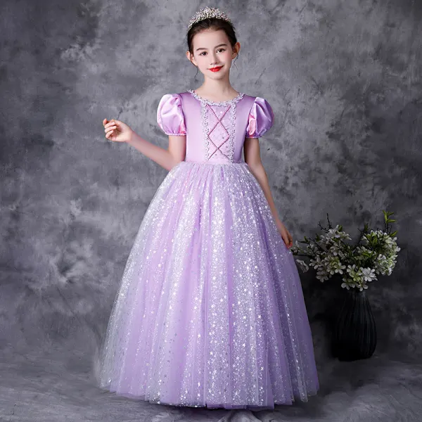 Médiévale Vintage / Originale Bleu Ciel Robe Ceremonie Fille 2021 Princesse Encolure Dégagée 3/4 Manches Forme de coeur Perle Paillettes En Dentelle Fleur Noeud Longue