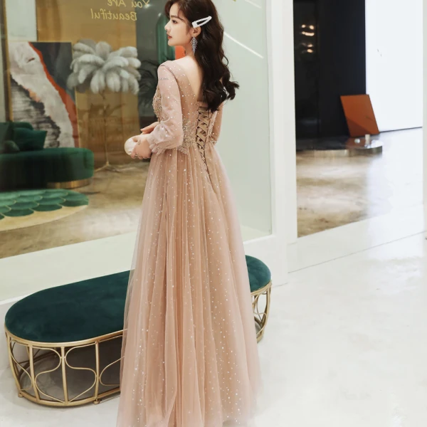 Eleganta Champagne Aftonklänningar 2020 Prinsessa V-Hals Beading Stjärna Paljetter Spets Blomma Långärmad Halterneck Långa Formella Klänningar