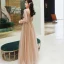 Eleganta Champagne Aftonklänningar 2020 Prinsessa V-Hals Beading Stjärna Paljetter Spets Blomma Långärmad Halterneck Långa Formella Klänningar