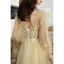 Chic / Beautiful Yellow Prom Dresses 2020 A-Line / Princess Scoop Neck Lace Flower Appliques Sequins Long Sleeve Backless Floor-Length / Long Formal Dresses