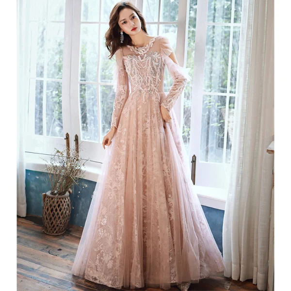 Charmant Rougissant Rose Robe De Soirée 2020 Princesse Encolure Dégagée Perlage Paillettes En Dentelle Fleur Manches Longues Dos Nu Longue Robe De Ceremonie