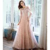 Charming Blushing Pink Evening Dresses  2020 A-Line / Princess Scoop Neck Beading Sequins Lace Flower Long Sleeve Backless Floor-Length / Long Formal Dresses