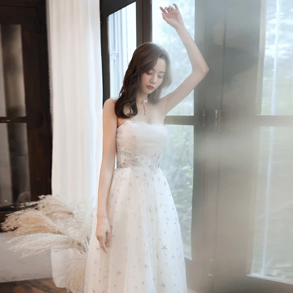 Fashion Champagne Evening Dresses  2020 A-Line / Princess Strapless Beading Star Lace Flower Sleeveless Backless Floor-Length / Long Formal Dresses