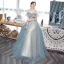 Abordable Bleu Ciel Transparentes Robe De Bal 2020 Princesse Volants Bretelles Spaghetti Appliques Sans Manches Dos Nu Longue Robe De Ceremonie