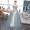 Affordable Sky Blue See-through Prom Dresses 2020 A-Line / Princess Ruffle Spaghetti Straps Appliques Sleeveless Backless Floor-Length / Long Formal Dresses