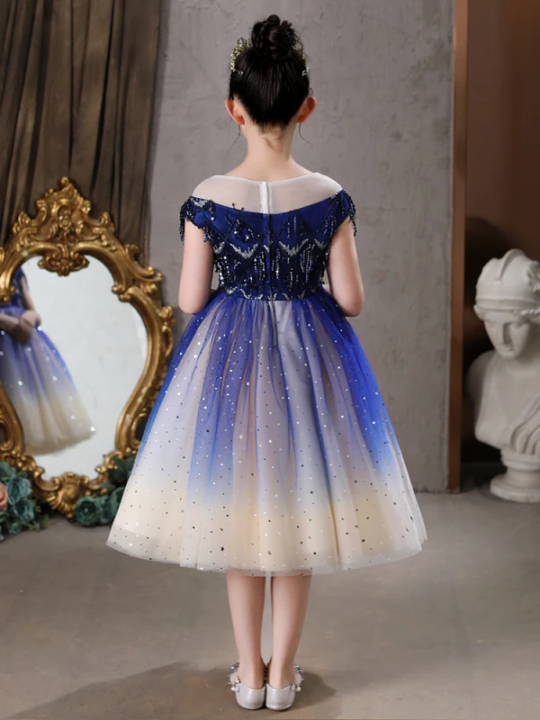 Vintage / Retro Royal Blue Lace Sequins Birthday Flower Girl Dresses 2021 A-Line / Princess Scoop Neck Short Sleeve Tea-length