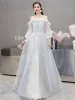 Charming Sky Blue Evening Dresses  2020 A-Line / Princess Spaghetti Straps Sequins Lace Flower Long Sleeve Backless Floor-Length / Long Formal Dresses