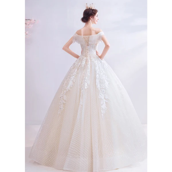 Charmant Ivory / Creme Brautkleider / Hochzeitskleider 2020 Ballkleid Off Shoulder Perlenstickerei Kristall Quaste Pailletten Spitze Blumen Kurze Ärmel Rückenfreies Lange