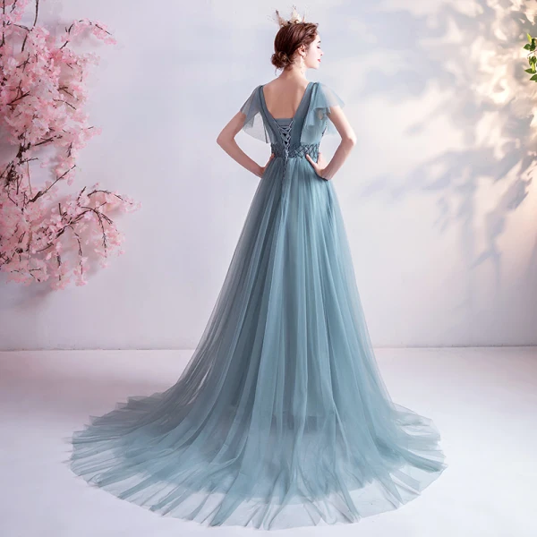 Élégant Bleu D'encre Robe De Bal 2020 Princesse V-Cou Perlage Paillettes En Dentelle Fleur Manches Courtes Dos Nu Train De Balayage Robe De Ceremonie