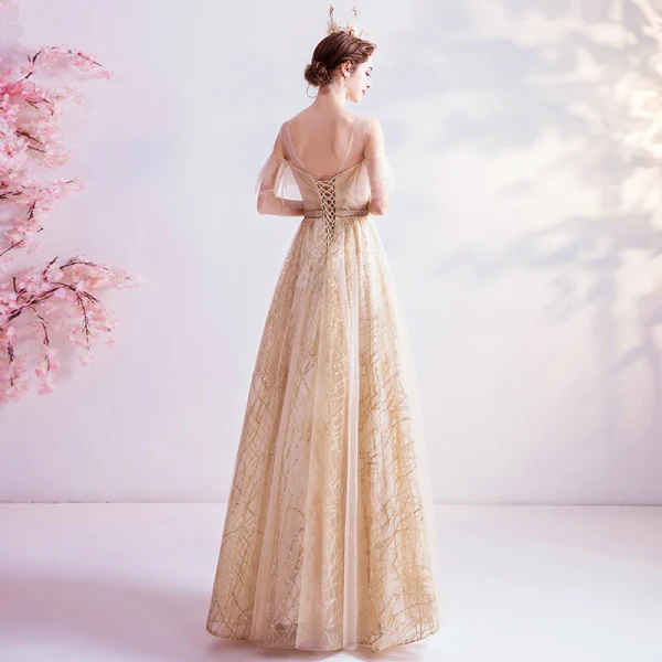 Charmant Doré Robe De Bal 2020 Princesse Encolure Dégagée Perlage Cristal Gland Paillettes Manches Courtes Dos Nu Longue Robe De Ceremonie
