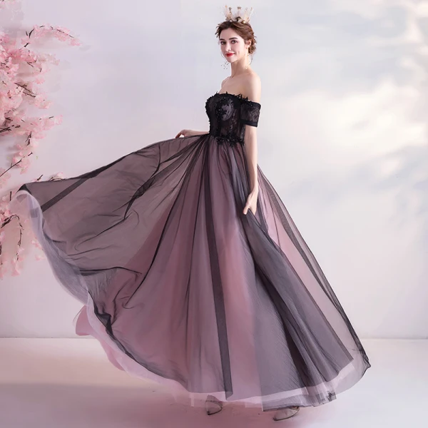 Charming Black Prom Dresses 2020 A-Line / Princess Off-The-Shoulder Crystal Lace Flower Short Sleeve Backless Floor-Length / Long Formal Dresses