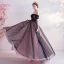 Charming Black Prom Dresses 2020 A-Line / Princess Off-The-Shoulder Crystal Lace Flower Short Sleeve Backless Floor-Length / Long Formal Dresses