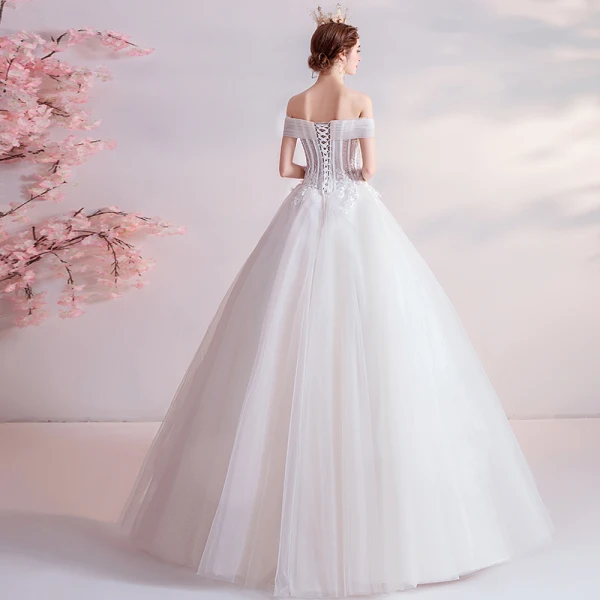Affordable Ivory Wedding Dresses 2020 Ball Gown Off-The-Shoulder Crystal Lace Flower Appliques Sleeveless Backless Floor-Length / Long