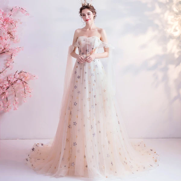 Fashion White Prom Dresses 2020 A-Line / Princess Off-The-Shoulder Beading Pearl Star Sequins Sleeveless Backless Chapel Train Formal Dresses