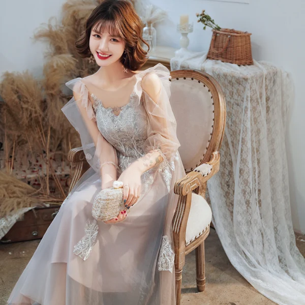 Classy Grey Homecoming Graduation Dresses 2020 A-Line / Princess Scoop Neck Lace Flower 1/2 Sleeves Backless Tea-length Formal Dresses