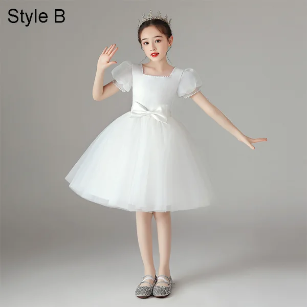 Chic / Beautiful Ivory Wedding Flower Girl Dresses 2021 A-Line / Princess Square Neckline Pearl Bow Short Sleeve Floor-Length / Long Wedding Party Dresses