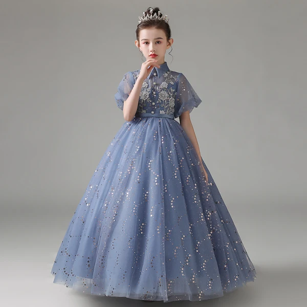Elegant Blushing Pink Birthday Flower Girl Dresses 2021 A-Line / Princess High Neck Beading Sequins Lace Flower Short Sleeve Sash Floor-Length / Long