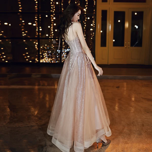 Sparkly Rose Gold Evening Dresses 2020 A-Line / Princess Spaghetti Straps Glitter Sequins Sleeveless Backless Floor-Length / Long Formal Dresses