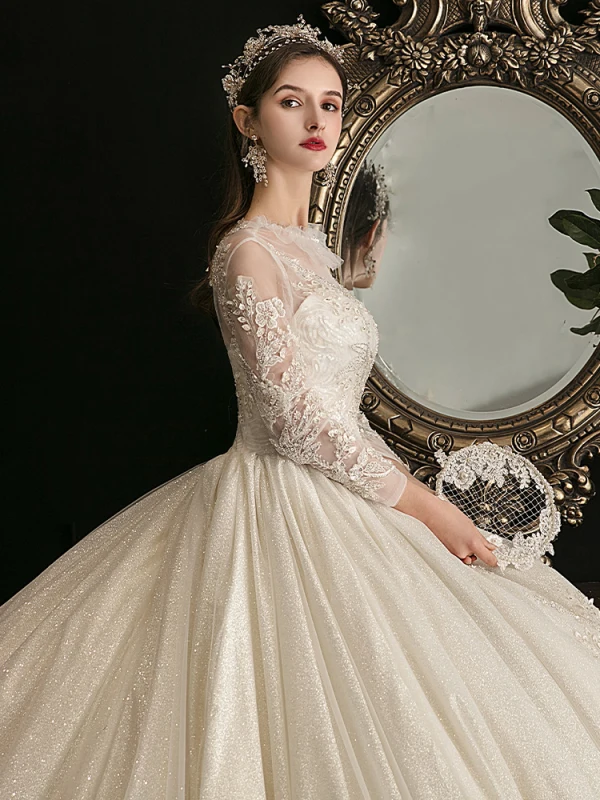 Charming Champagne Ball Gown Glitter Wedding Dresses 2020 Scoop Neck Beading Sequins Lace Flower 3/4 Sleeve Backless Cathedral Train