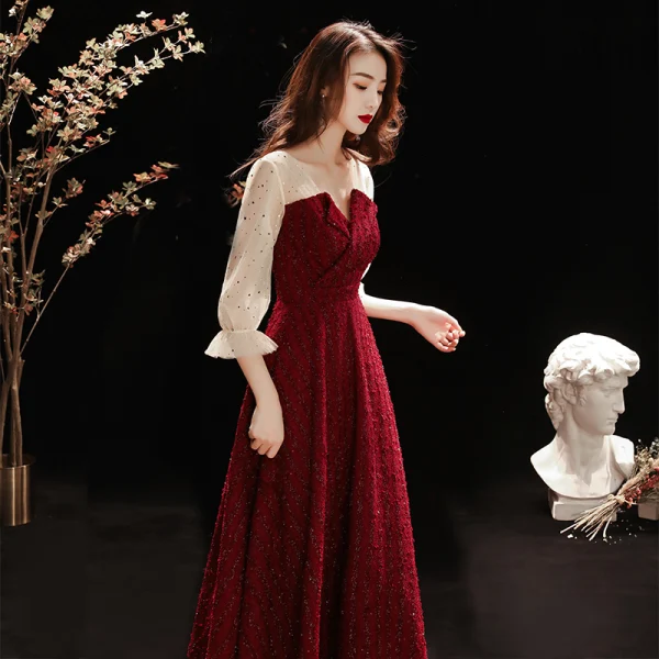 Fashion Burgundy Evening Dresses 2020 A-Line / Princess V-Neck Glitter Beading Star Sequins 3/4 Sleeve Floor-Length / Long Formal Dresses