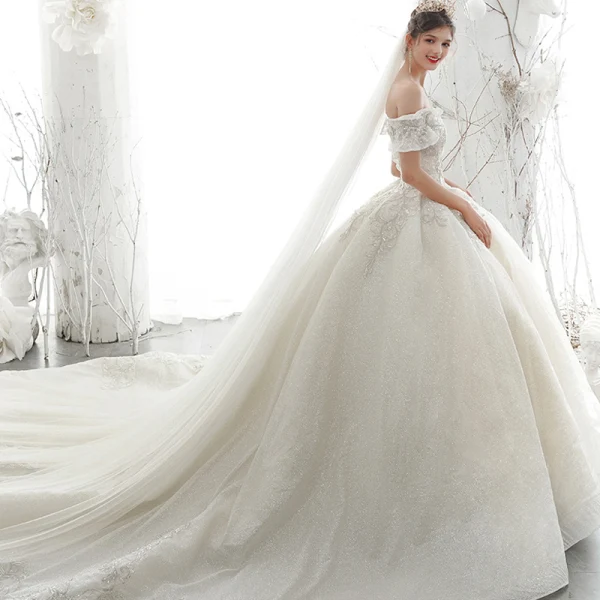 Luxury / Gorgeous Ivory Wedding Dresses 2020 Ball Gown Off-The-Shoulder Beading Glitter Sequins Pearl Lace Flower Short Sleeve Backless Royal Train