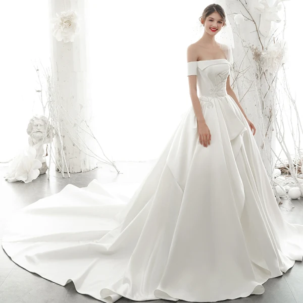 High End Ivory / Creme Satin Brautkleider / Hochzeitskleider 2020 A Linie Off Shoulder Perle Pailletten Kurze Ärmel Rückenfreies Kathedrale Schleppe