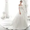 High-end Ivory Satin Wedding Dresses 2020 A-Line / Princess Off-The-Shoulder Pearl Sequins Short Sleeve Backless Cathedral Train