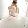 Luxury / Gorgeous Champagne Wedding Dresses 2020 A-Line / Princess Off-The-Shoulder Beading Rhinestone Sequins Lace Flower Sleeveless Backless Royal Train