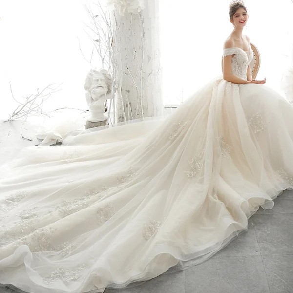 Luxury / Gorgeous Champagne Wedding Dresses 2020 Ball Gown Off-The-Shoulder Beading Rhinestone Sequins Lace Flower Appliques Sleeveless Backless Royal Train