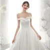 High-end Ivory Satin Wedding Dresses 2020 A-Line / Princess Off-The-Shoulder Pearl Sleeveless Backless Royal Train
