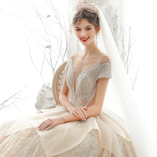 Luxury / Gorgeous High-end Champagne Wedding Dresses 2020 Ball Gown Beading Pearl Rhinestone Lace Flower Scoop Neck Short Sleeve Backless Royal Train