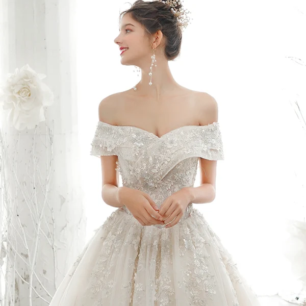 Luxury / Gorgeous Champagne Wedding Dresses 2020 A-Line / Princess Off-The-Shoulder Beading Pearl Sequins Lace Flower Appliques Short Sleeve Backless Royal Train