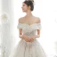 Luxury / Gorgeous Champagne Wedding Dresses 2020 A-Line / Princess Off-The-Shoulder Beading Pearl Sequins Lace Flower Appliques Short Sleeve Backless Royal Train