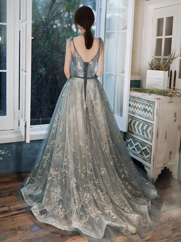 Charmant Robe De Soirée 2020 Princesse V-Cou Glitter Perlage Faux Diamant Paillettes Sans Manches Dos Nu Train De Balayage Robe De Ceremonie