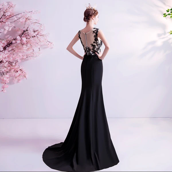Elegant Black Evening Dresses 2020 Trumpet / Mermaid Scoop Neck Lace Flower Sleeveless Sweep Train Formal Dresses