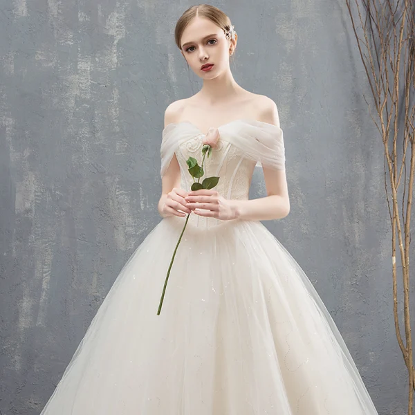 Elegant Champagne Wedding Dresses Ball Gown Lace Off-The-Shoulder Backless Sleeveless Chapel Train Wedding
