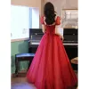 Fashion Red Prom Dresses 2021 A-Line / Princess Scoop Neck Beading Crystal Sequins Short Sleeve Backless Floor-Length / Long Prom Formal Dresses