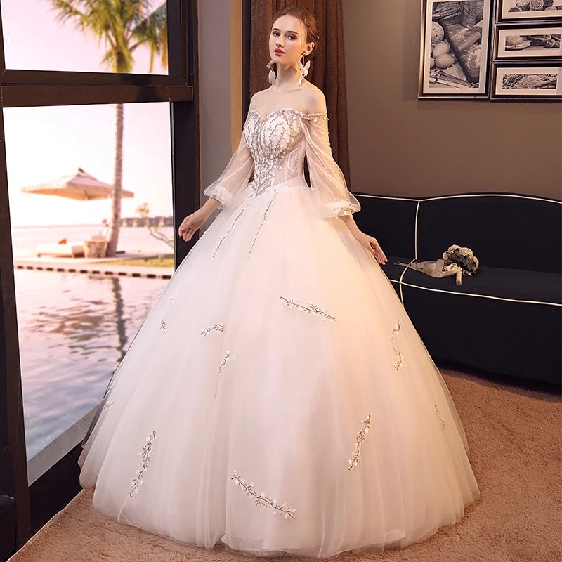 Elegant Ivory Wedding Dresses 2018 Ball Gown Beading Lace Flower Off The Shoulder Backless 3 4 Sleeve Floor Length Long Wedding Elegant Ivory Wedding Dresses 2018 Ball Gown Beading Lace Flower Off The Shoulder Backless 3 4 Sleeve Floor Length Long Wedding