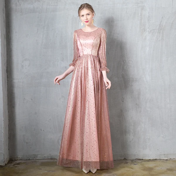 Charming Burgundy Evening Dresses 2020 A-Line / Princess Scoop Neck Star Sequins Ruffle 3/4 Sleeve Floor-Length / Long Formal Dresses