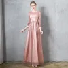 Charming Burgundy Evening Dresses  2020 A-Line / Princess Scoop Neck Star Sequins Ruffle 3/4 Sleeve Floor-Length / Long Formal Dresses