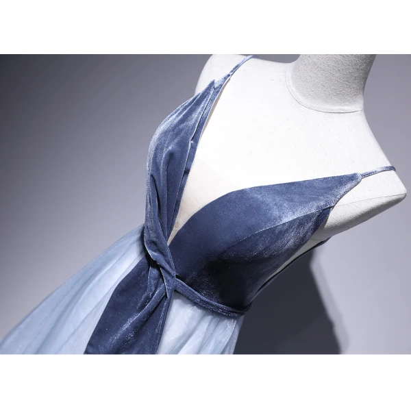 Chic / Belle Bleu D'encre Robe De Soirée 2020 Princesse Daim Bretelles Spaghetti Sans Manches Dos Nu Longue Robe De Ceremonie