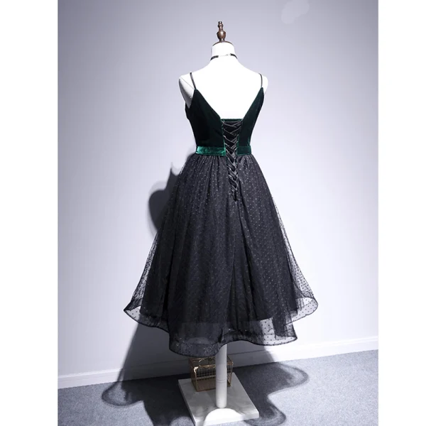 Fashion Black Homecoming Spotted Little Black Dress 2020 A-Line / Princess Spaghetti Straps Suede Bow Sleeveless Backless Tea-length Graduation Dresses