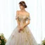 Luxury / Gorgeous Gold Wedding Dresses 2018 Ball Gown Glitter Lace Appliques Beading Rhinestone Pearl Off-The-Shoulder Backless Sleeveless Court Train Wedding