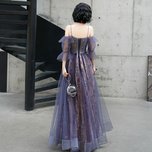 Charming Purple Evening Dresses  2020 Ball Gown A-Line / Princess Spaghetti Straps Beading Lace Sequins Flower Short Sleeve Backless Floor-Length / Long Formal Dresses
