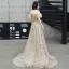 Charming Champagne Evening Dresses  2020 A-Line / Princess Spaghetti Straps Sequins Lace Flower Short Sleeve Backless Sweep Train Formal Dresses